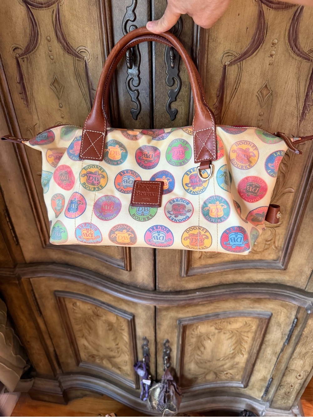 Dooney & Bourke Multicolor Logo Print Satchel with Brown Leather Handles